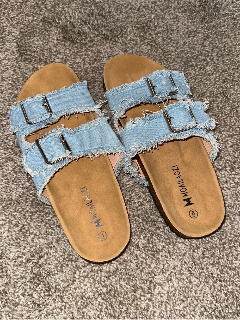 Light Blue Frayed Denim Double Buckle Slide Sandals